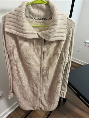 Prana Cream Ribbed Shawl-Collar Zip Cardigan